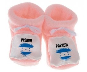 Chausson bébé Drapeau effet pinceau Honduras avec prénom de couleur Rose