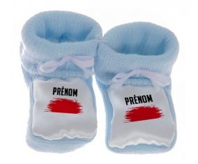 Chausson bébé Drapeau effet pinceau Indonésie avec prénom de couleur Bleu
