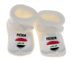 Chausson bébé Drapeau effet pinceau Irak avec prénom de couleur Blanc