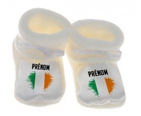 Chausson bébé Drapeau effet pinceau Irlande avec prénom de couleur Blanc