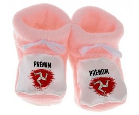Chausson bébé Drapeau effet pinceau Île de Man avec prénom de couleur Rose