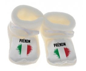 Chausson bébé Drapeau effet pinceau Italie avec prénom de couleur Blanc