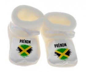 Chausson bébé Drapeau effet pinceau Jamaïque avec prénom de couleur Blanc