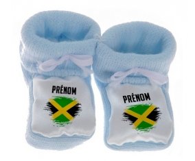 Chausson bébé Drapeau effet pinceau Jamaïque avec prénom de couleur Bleu