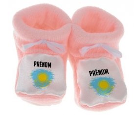 Chausson bébé Drapeau effet pinceau Kazakhstan avec prénom de couleur Rose