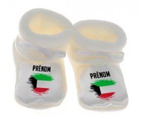 Chausson bébé Drapeau effet pinceau Koweit avec prénom de couleur Blanc