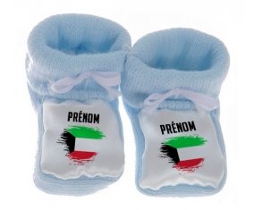 Chausson bébé Drapeau effet pinceau Koweit avec prénom de couleur Bleu