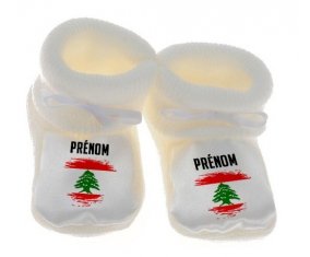 Chausson bébé Drapeau effet pinceau Liban avec prénom de couleur Blanc