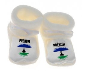 Chausson bébé Drapeau effet pinceau Lesotho avec prénom de couleur Blanc