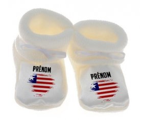 Chausson bébé Drapeau effet pinceau Libéria avec prénom de couleur Blanc