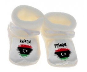 Chausson bébé Drapeau effet pinceau Libye avec prénom de couleur Blanc