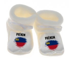 Chausson bébé Drapeau effet pinceau Liechtenstein avec prénom de couleur Blanc