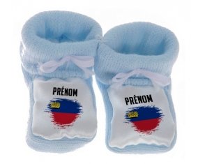 Chausson bébé Drapeau effet pinceau Liechtenstein avec prénom de couleur Bleu