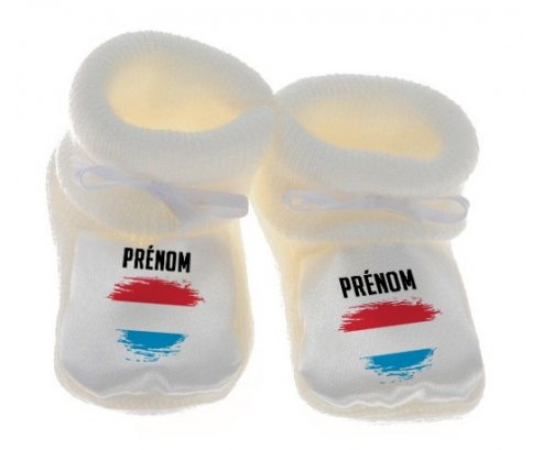 Chausson bébé Drapeau effet pinceau Luxembourg avec prénom de couleur Blanc