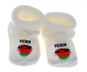 Chausson bébé Drapeau effet pinceau Malawi avec prénom de couleur Blanc