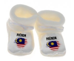 Chausson bébé Drapeau effet pinceau Malaisie avec prénom de couleur Blanc