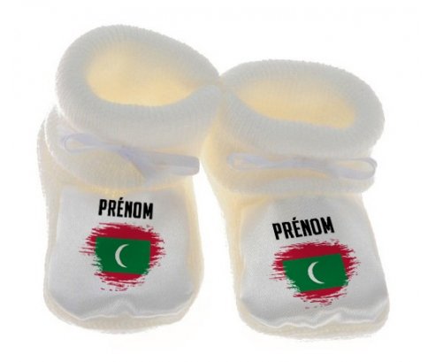 Chausson bébé Drapeau effet pinceau Maldives avec prénom de couleur Blanc