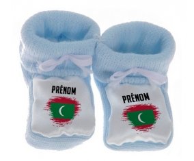 Chausson bébé Drapeau effet pinceau Maldives avec prénom de couleur Bleu