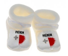 Chausson bébé Drapeau effet pinceau Malte avec prénom de couleur Blanc