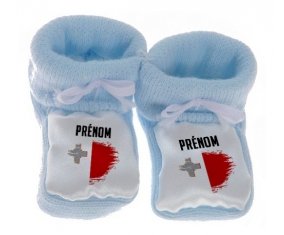 Chausson bébé Drapeau effet pinceau Malte avec prénom de couleur Bleu