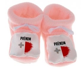 Chausson bébé Drapeau effet pinceau Malte avec prénom de couleur Rose