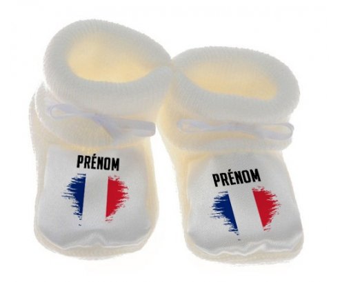 Chausson bébé Drapeau effet pinceau Martinique avec prénom de couleur Blanc