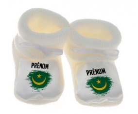 Chausson bébé Drapeau effet pinceau Mauritanie avec prénom de couleur Blanc