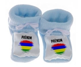 Chausson bébé Drapeau effet pinceau Ile Maurice avec prénom de couleur Bleu