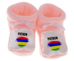Chausson bébé Drapeau effet pinceau Ile Maurice avec prénom de couleur Rose