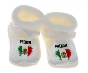 Chausson bébé Drapeau effet pinceau Mexique avec prénom de couleur Blanc