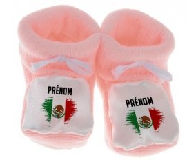 Chausson bébé Drapeau effet pinceau Mexique avec prénom de couleur Rose