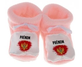 Chausson bébé Drapeau effet pinceau Monténégro avec prénom de couleur Rose