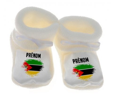 Chausson bébé Drapeau effet pinceau Mozambique avec prénom de couleur Blanc