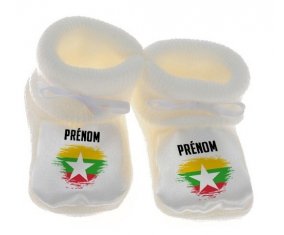 Chausson bébé Drapeau effet pinceau Myanmar avec prénom de couleur Blanc