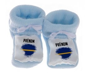 Chausson bébé Drapeau effet pinceau Nauru avec prénom de couleur Bleu