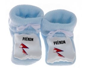 Chausson bébé Drapeau effet pinceau Népal avec prénom de couleur Bleu