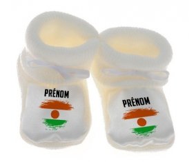 Chausson bébé Drapeau effet pinceau Niger avec prénom de couleur Blanc
