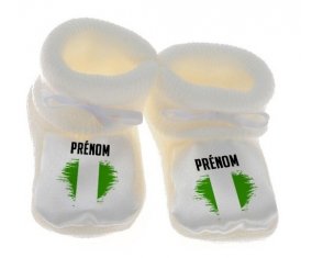 Chausson bébé Drapeau effet pinceau Nigeria avec prénom de couleur Blanc