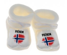 Chausson bébé Drapeau effet pinceau Norvège avec prénom de couleur Blanc