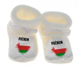 Chausson bébé Drapeau effet pinceau Oman avec prénom de couleur Blanc