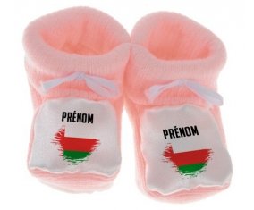 Chausson bébé Drapeau effet pinceau Oman avec prénom de couleur Rose