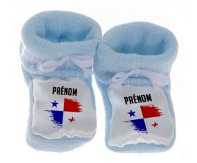 Chausson bébé Drapeau effet pinceau Panama avec prénom de couleur Bleu