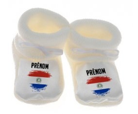Chausson bébé Drapeau effet pinceau Paraguay avec prénom de couleur Blanc