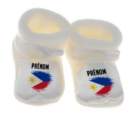 Chausson bébé Drapeau effet pinceau Philippines avec prénom de couleur Blanc