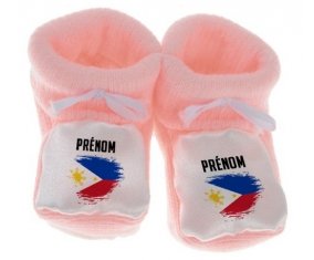 Chausson bébé Drapeau effet pinceau Philippines avec prénom de couleur Rose