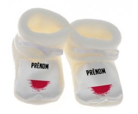 Chausson bébé Drapeau effet pinceau Pologne avec prénom de couleur Blanc