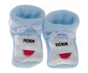 Chausson bébé Drapeau effet pinceau Pologne avec prénom de couleur Bleu