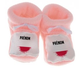 Chausson bébé Drapeau effet pinceau Pologne avec prénom de couleur Rose