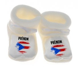 Chausson bébé Drapeau effet pinceau Porto Rico avec prénom de couleur Blanc