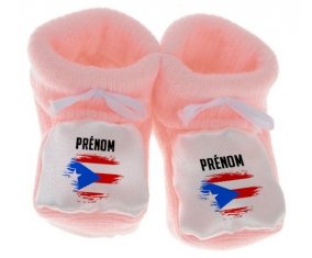 Chausson bébé Drapeau effet pinceau Porto Rico avec prénom de couleur Rose